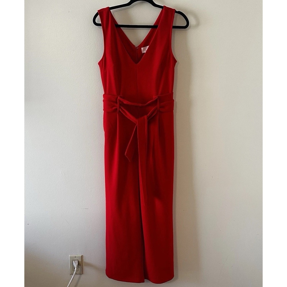 Anthropologie Red Cathy Wide Leg Jumpsuit Waist Tie Zipper Deep V Neck Small *R*
